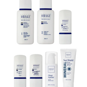 A set of Obagi Medical skincare and treatment bottles and tubes arranged on a plain white background. The products include Gentle Lotion, Toner & Cleanser, Sunscreen, Facial Moisturizer, Mineral Sunscreen, and Sun Shield Hand Cream.